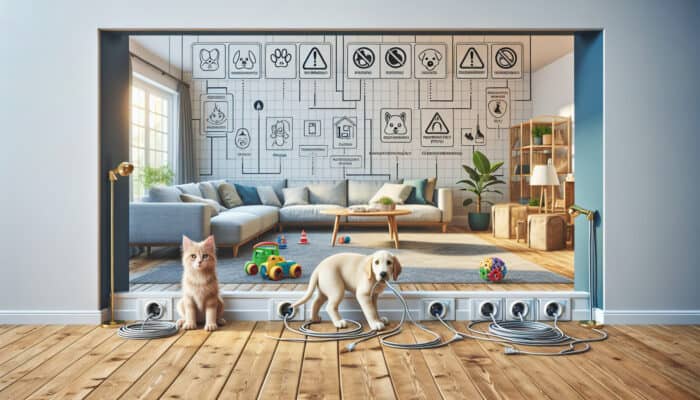 Illustration of a dog and cat playing safely in a living room with covered cords, protected outlets, and hazard warnings for pet safety.