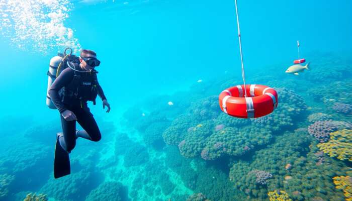 Diver in a wetsuit with a mask, fins, BCD, and regulator exploring colorful coral reefs, accompanied by a dive computer, weights, and a surface marker buoy.