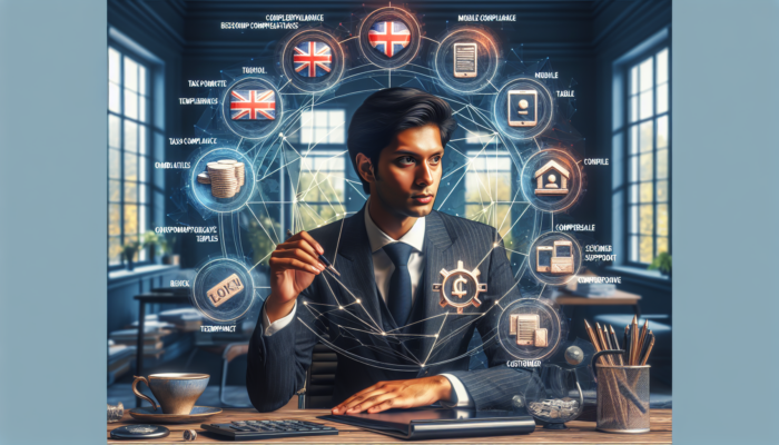 A novice entrepreneur in a modern Melksham office setting up Shopify and WooCommerce, with icons for VAT compliance, mobile optimization, templates, payments, and support.