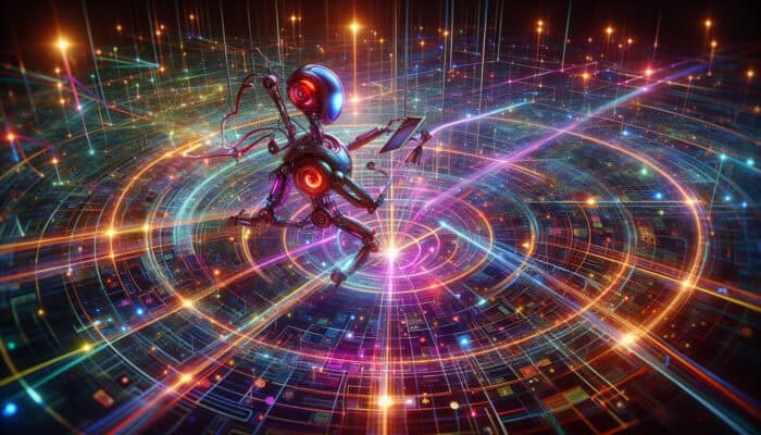 A futuristic search engine bot navigates a glowing digital web, prioritizing key pages like a news homepage while avoiding dim peripheral nodes.