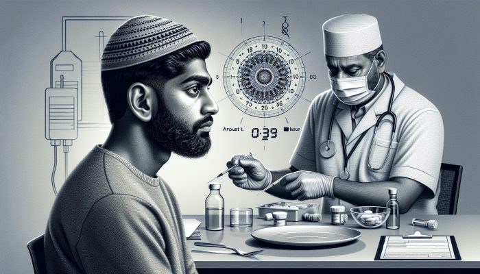 A patient in a UK clinic checks a clock after 10 hours of fasting for a testosterone test, as a doctor prepares a syringe with an empty plate and hormone charts nearby.