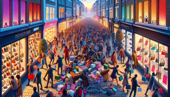 Money Habits to Avoid After Consolidating Debt | DCL Money Habits to Avoid After Consolidating Debt: A relieved shopper hesitates at a bustling UK high street at dusk, tempted by designer handbags and gadgets in vibrant shop windows.