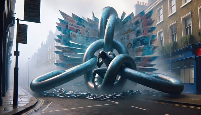 Money Habits to Avoid After Consolidating Debt | DCL A stressed person in foggy London street, entangled in oversized credit cards and pound note chains, symbolizing debt misuse consequences.