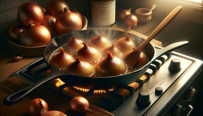 Close-up of golden-brown onions caramelising in a cast-iron skillet, with rising steam and a wooden spoon stirring gently in a warm kitchen.