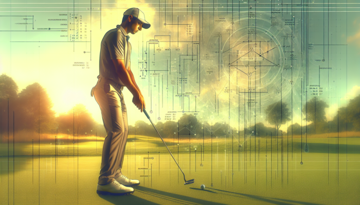 A focused golfer on a lush green fairway demonstrates enhanced putting techniques with steady grip, aligned stance, and precise follow-through under golden sunlight, with strategy diagrams overlaid.