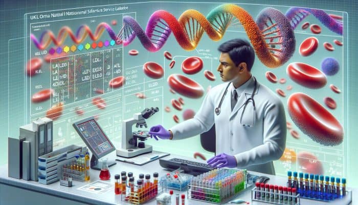 Illustration of a UK NHS lab: technician in white coat analyzing blood sample for lipid profile, with 3D LDL and HDL models and charts.