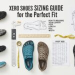 Top-down view of five pairs of Xero Shoes, measuring tools, tape measure, foot diagrams, and a foot size chart on a white surface with the text “Xero Shoes Sizing Guide for the Perfect Fit.”.