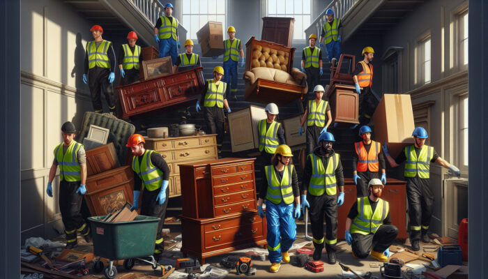 Professional UK house clearance experts in vests and hard hats move furniture from a cluttered Victorian home using specialized equipment.