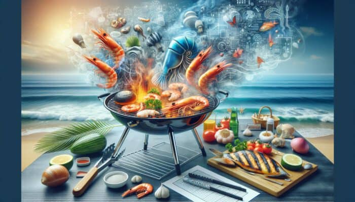 An outdoor grilling scene featuring fresh shrimp and fish on a charcoal grill, using tongs, fish basket, and basting brush amidst smoke and ocean waves.