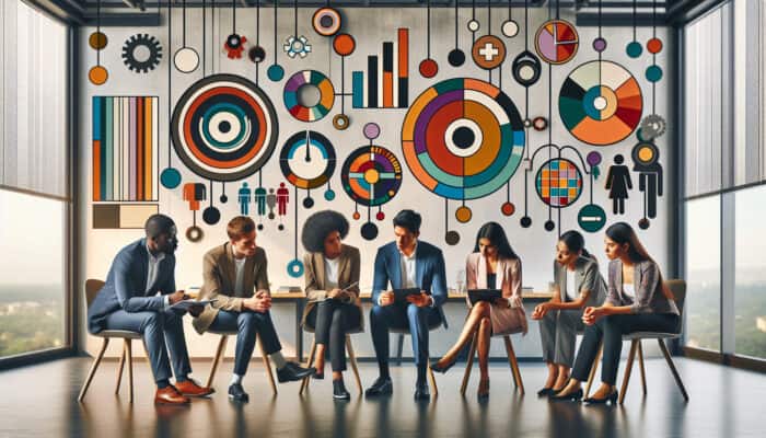 A diverse team in a modern office analyses charts on recruitment diversity, employee surveys, and retention rates, surrounded by equality symbols.