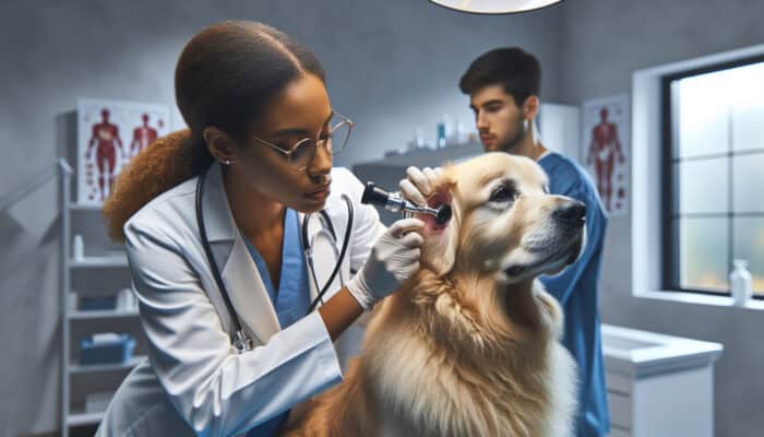 Veterinarian examining golden retriever's infected ear with otoscope; redness, swelling visible, dog tilts head, owner worried.