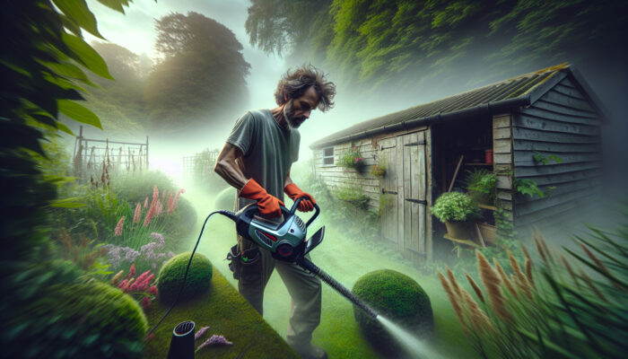 A gardener clears overgrown shrubs around a weathered shed in a misty UK garden, using an electric hedge trimmer and cordless blower.