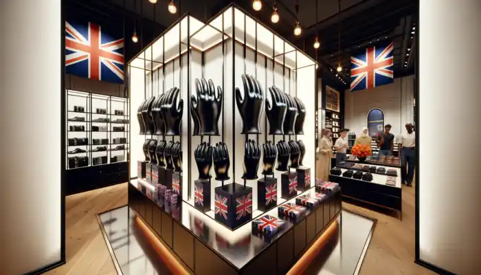 Shiny black latex gauntlet gloves displayed on polished wooden shelves in a UK store, surrounded by Union Jack banners and diverse shoppers.