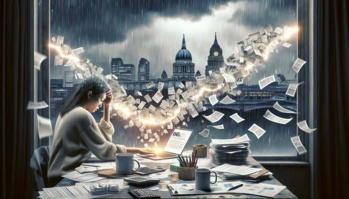 Debt Consolidation on Zero Hours Contracts: Essential Guide | DCL Stressed worker at a cluttered desk in a rainy UK city, surrounded by debt bills merging into a glowing payment stream symbolizing financial stability.