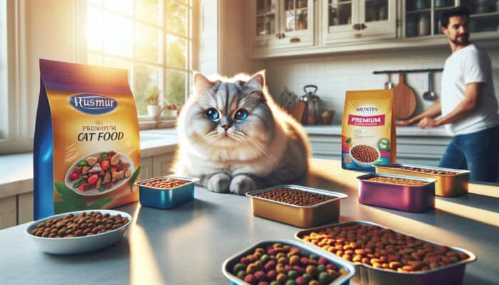 A fluffy British Shorthair cat with blue eyes sits on a sunlit kitchen counter, surrounded by colorful cat food packages and an owner checking labels.