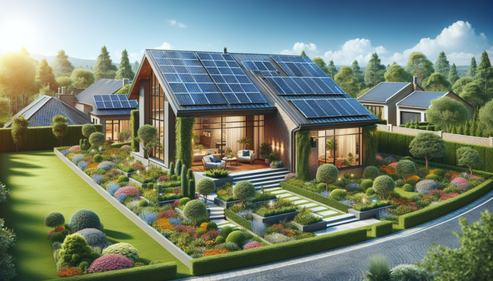 A modern suburban home in Pretoria featuring solar panels on the roof, surrounded by lush gardens and a clear blue sky, symbolising sustainable energy and increased property value.