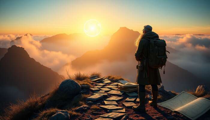 Wise explorer on a misty mountain path at dawn, illuminated by a glowing orb of insights, surrounded by ancient books and holographic maps, symbolizing personal growth.