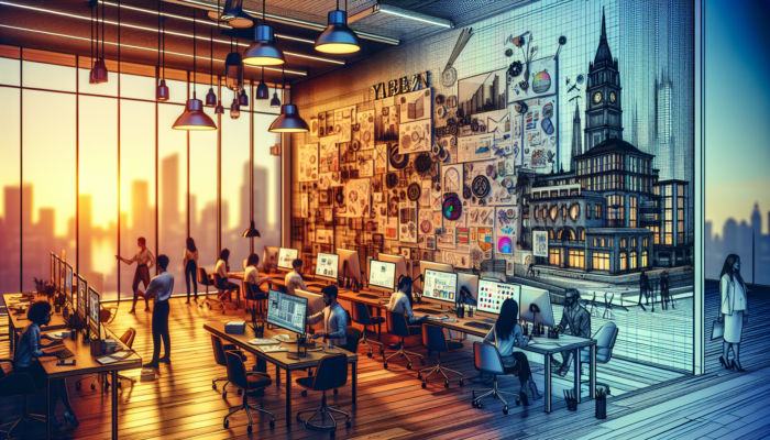 A design team in Yate collaborates in a modern studio with sleek computers, colourful sketches, and innovative prototypes under warm lighting.