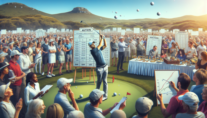 Golfers swing on lush green fairways in the Western Cape, with crowds bidding at charity auctions under a clear blue sky.