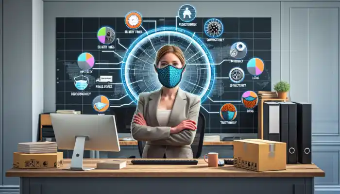 Business analyst in a modern Darlington office reviewing PPE suppliers with charts, icons, and customized masks for efficiency.