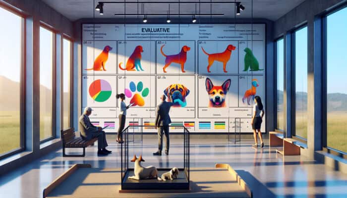 In a bright animal shelter, an evaluator reviews a dog's behavioral charts as a family plays with it.