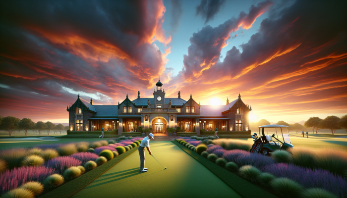 A majestic entrance to Pretoria Country Club with manicured lawns, a colonial clubhouse, and golfers teeing off at sunset.