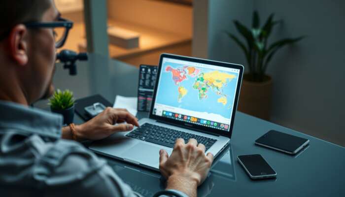 A traveller at a sleek desk organising vacation logistics on a laptop, displaying flight bookings, hotel reservations, and a colourful itinerary map.