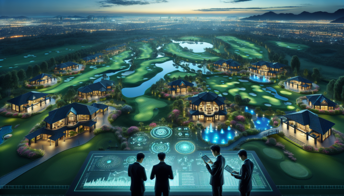 A panoramic dusk view of Glenvista Country Club, featuring manicured golf greens, elegant clubhouses, sparkling pools, lush gardens, and experts analyzing charts.