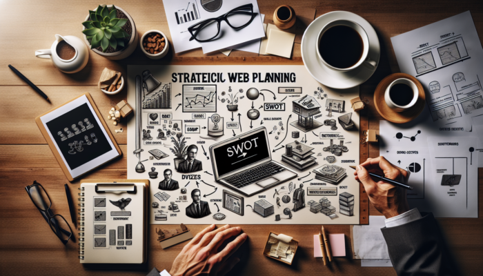 Focused business owner in Devizes office analyzes SWOT charts on laptop, surrounded by notes, coffee, and website sketches.