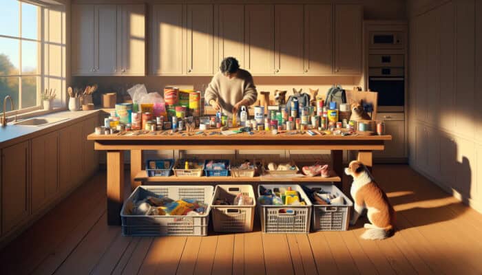 A person sorts pet supplies like food cans and medical kits into labelled bins on a wooden table, with a curious dog watching in a sunlit kitchen.
