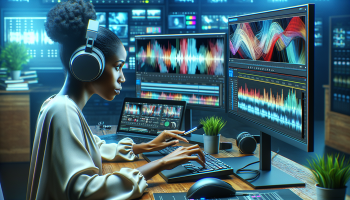 A skilled video editor in a modern Beaminster suite refines footage on high-res screens, applying color grading and dynamic graphics.