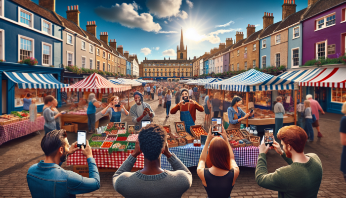 A lively market square in Midsomer Norton featuring historic Georgian architecture, vibrant stalls, and marketers capturing Instagram moments under a sunny sky.