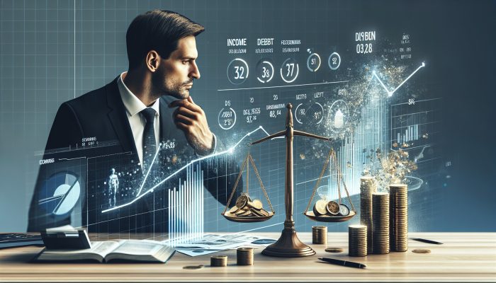 UK financial advisor analyses income and debt charts in modern office, with scale balancing coins and loans for APR eligibility factors.