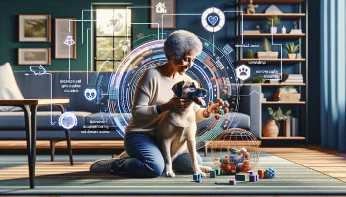 A happy dog plays with interactive toys in a warm living room, receiving gentle affection and positive reinforcement from its owner.