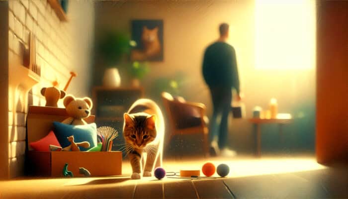 A curious cat emerges from hiding in a sunlit living room, sniffing toys and furniture, while a patient owner watches encouragingly.