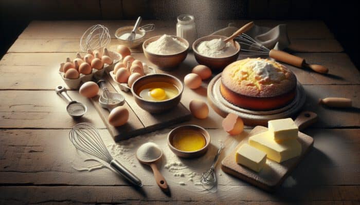 Best Starter Recipes for Baking Cakes: A rustic wooden table with flour, sparkling sugar, fresh eggs, golden butter, mixing tools, and a partially baked cake, evoking homely joy.