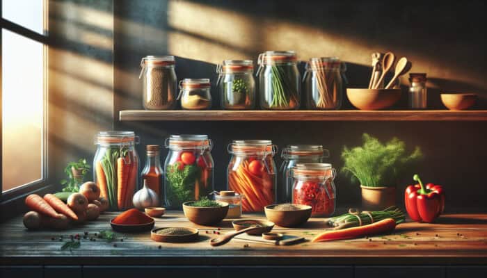 A wooden counter with chopped carrots and bell peppers in jars, spices in bowls, and bundled herbs in warm morning sunlight.