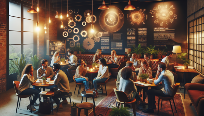 In a vibrant Newent cafe, small business owners collaborate on marketing plans with laptops, social media graphics, and event posters under warm lighting.