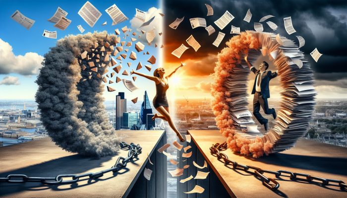 Illustration of two UK financial paths: Joyful person breaking free from shattered debt chains under sunny London skyline, versus stressed individual trapped in looping bills from consolidation loans.