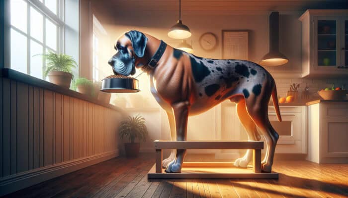 A large Great Dane stands at an elevated feeder in a sunny kitchen, showing improved posture and reduced joint strain with detailed fur.