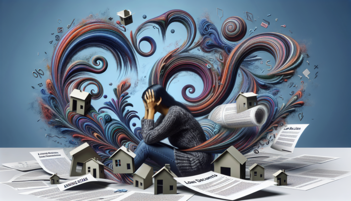 A stressed buyer in Vereeniging, South Africa, surrounded by rising interest rate graphs and scattered loan documents, illustrating financial challenges.