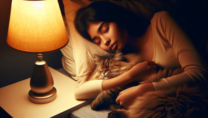 A young woman and her fluffy cat sleeping peacefully on a cozy bed under warm golden lamplight, symbolising anxiety relief.
