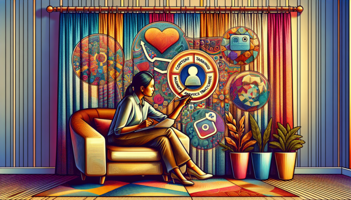 An illustration depicting a small business owner in an office, planning a social media strategy on a whiteboard with steps for content, audience, and analytics, surrounded by laptop icons of Instagram, Twitter, and Facebook.