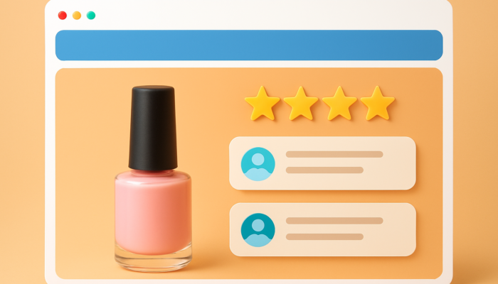 Vibrant e-commerce page for Nailsea business: central product image highlighted with bold star ratings and positive customer reviews.