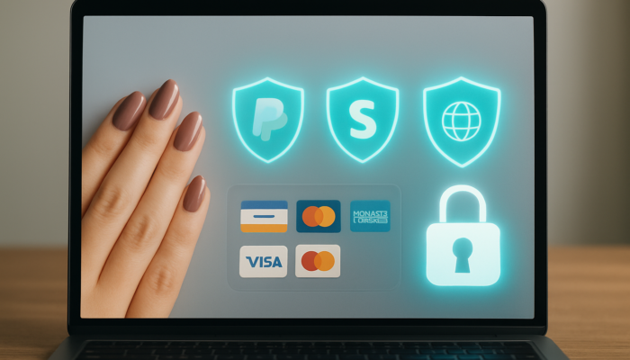 Modern checkout interface featuring PayPal, Stripe, and WorldPay icons with secure locks and encryption shields.