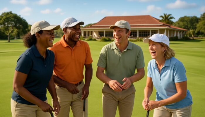 Diverse members laughing while playing golf on Mtunzini Country Club's lush fairways, with clubhouse in background.