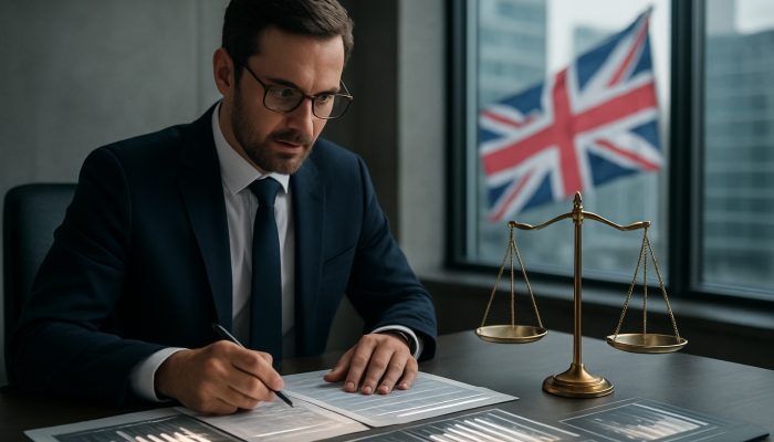 Accountant reviewing balance sheets in modern London office, with golden scale and Union Jack symbolising precision and compliance.