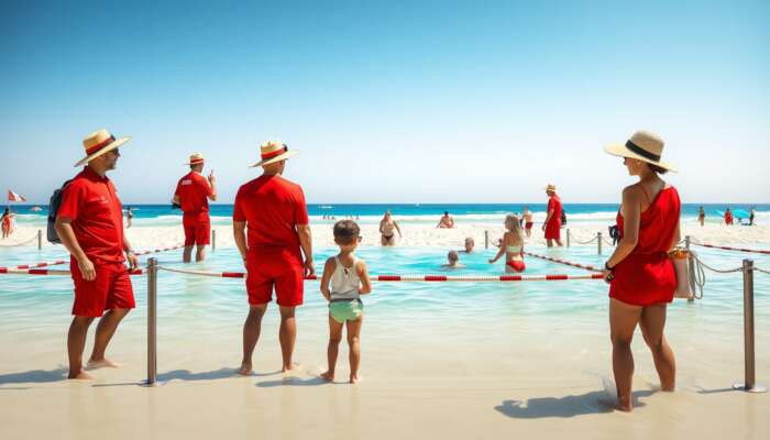 Beach scene with lifeguards in red uniforms monitoring swimmers in designated areas, families wearing hats and sunglasses under the bright sun.