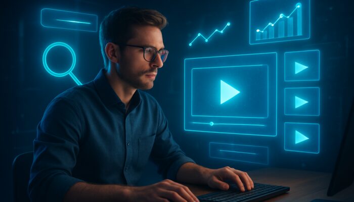 SEO expert analysing video data on luminous screens with holographic keywords and trending graphs.