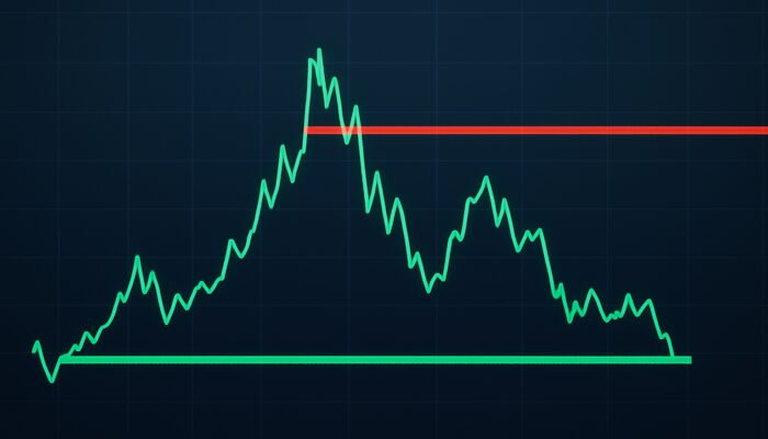 Bitcoin chart illustrating green support line and red resistance in crypto trading.